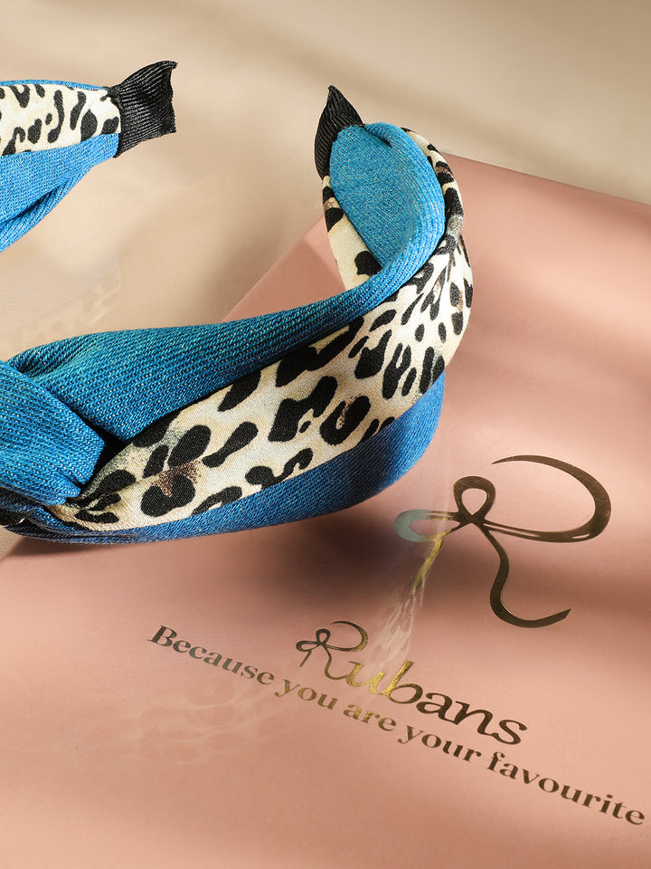 Rubans Bold Blue & Leopard Print Knotted Headband for Trendy & Stylish Look