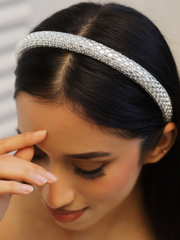 Rubans Luxe Silver Crystal Embellished Beige Velvet Headband for Elegant Look