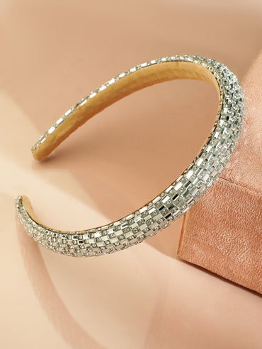 Rubans Luxe Silver Crystal Embellished Beige Velvet Headband for Elegant Look