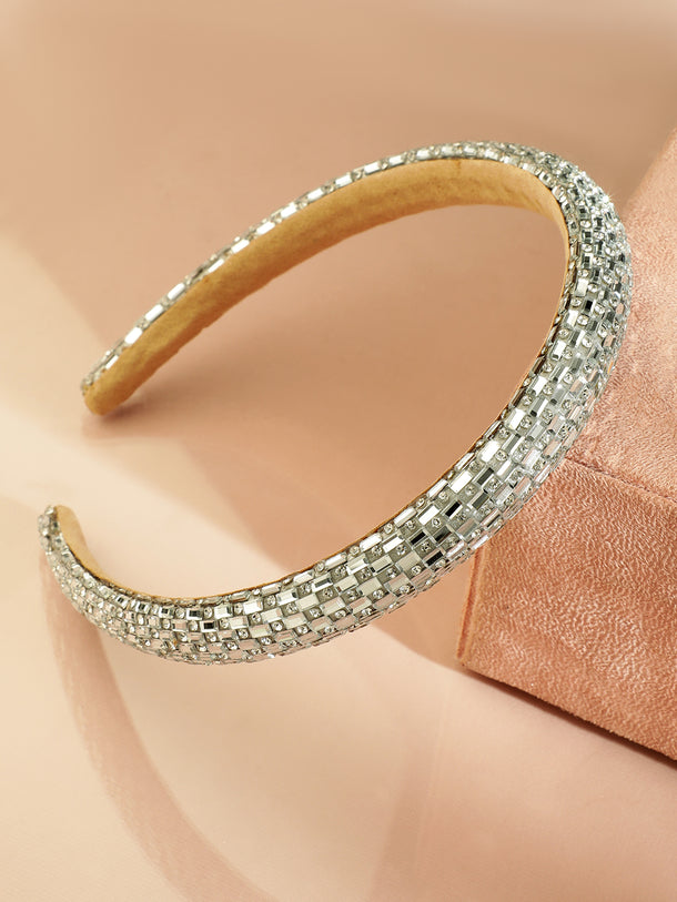 Rubans Luxe Silver Crystal Embellished Beige Velvet Headband for Elegant Look