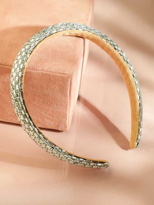 Rubans Luxe Silver Crystal Embellished Beige Velvet Headband for Elegant Look