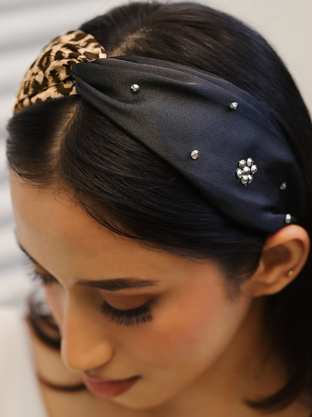 Rubans Brown & Leopard Print Twisted Headband with Embellished Crystal Detailing