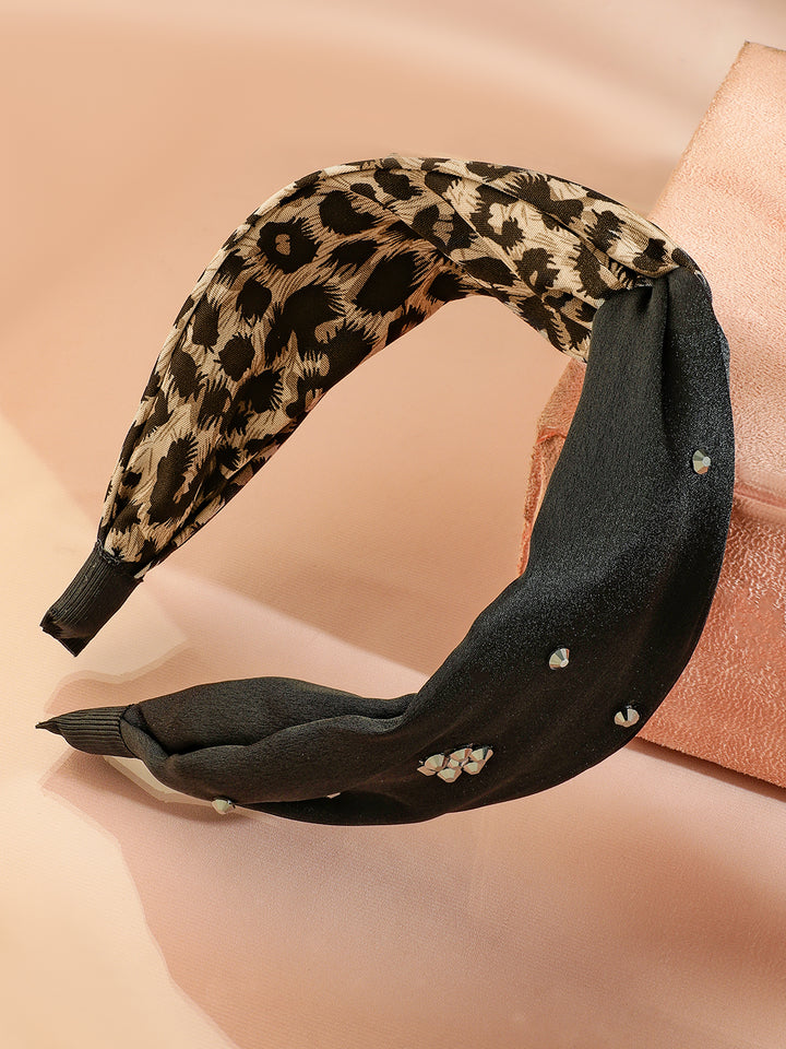 Rubans Brown & Leopard Print Twisted Headband with Embellished Crystal Detailing