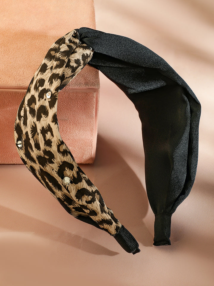 Rubans Brown & Leopard Print Twisted Headband with Embellished Crystal Detailing