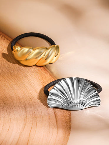 Rubans Set of 2 18K Gold & Rhodium Plated Sculpted Twisted & Shell Design Hair Ties