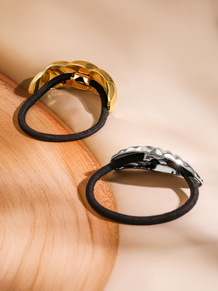 Rubans Set of 2 18K Gold & Rhodium Plated Sculpted Twisted & Shell Design Hair Ties