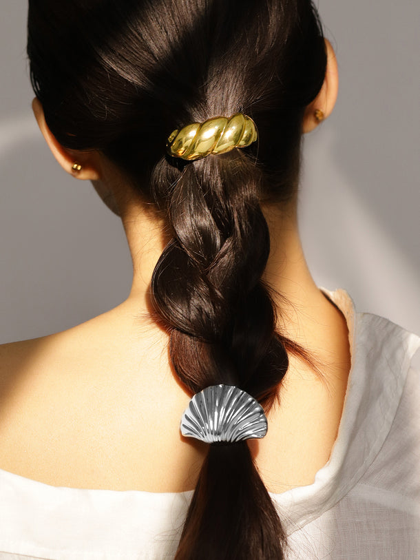 Rubans Set of 2 18K Gold & Rhodium Plated Sculpted Twisted & Shell Design Hair Ties