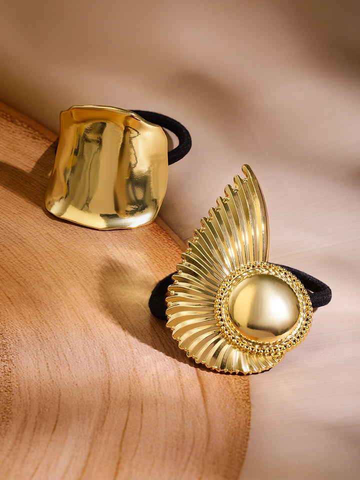 Rubans Set of 2 18K Gold Plated Luxe Sculpted & Radiant Fan Design Hair Ties Accessories