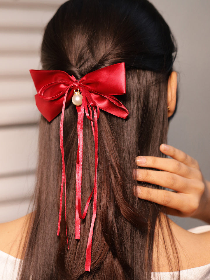Pearl Adorn Red Bow Hair Clip