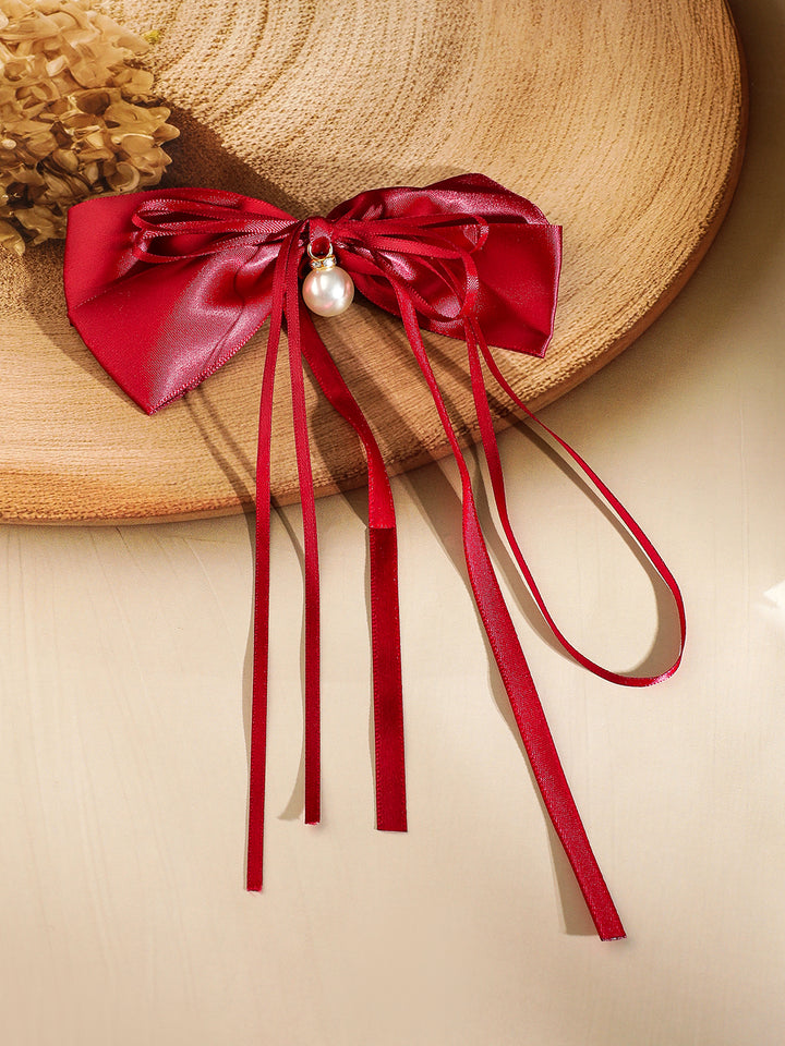 Pearl Adorn Red Bow Hair Clip
