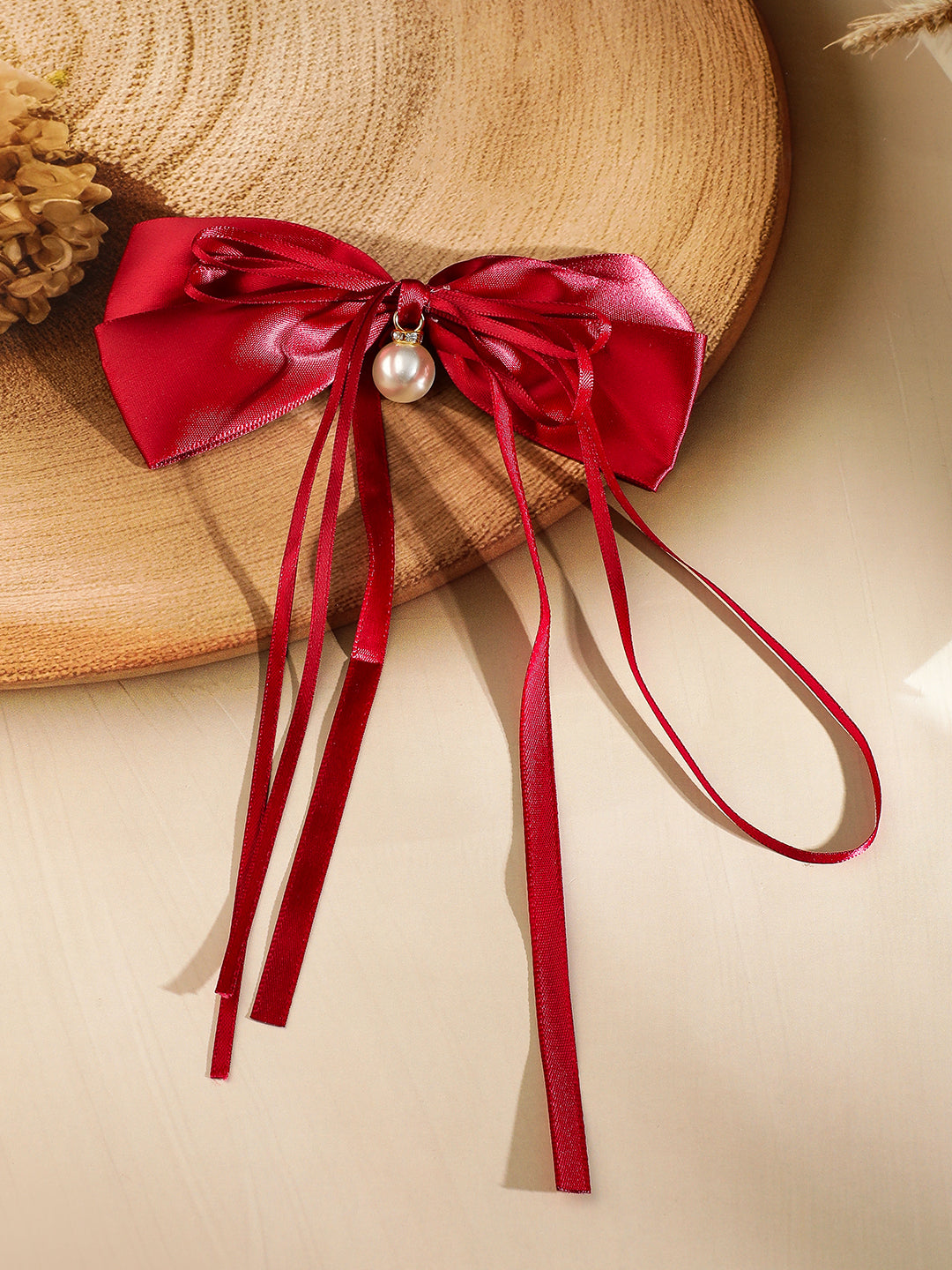 Pearl Adorn Red Bow Hair Clip