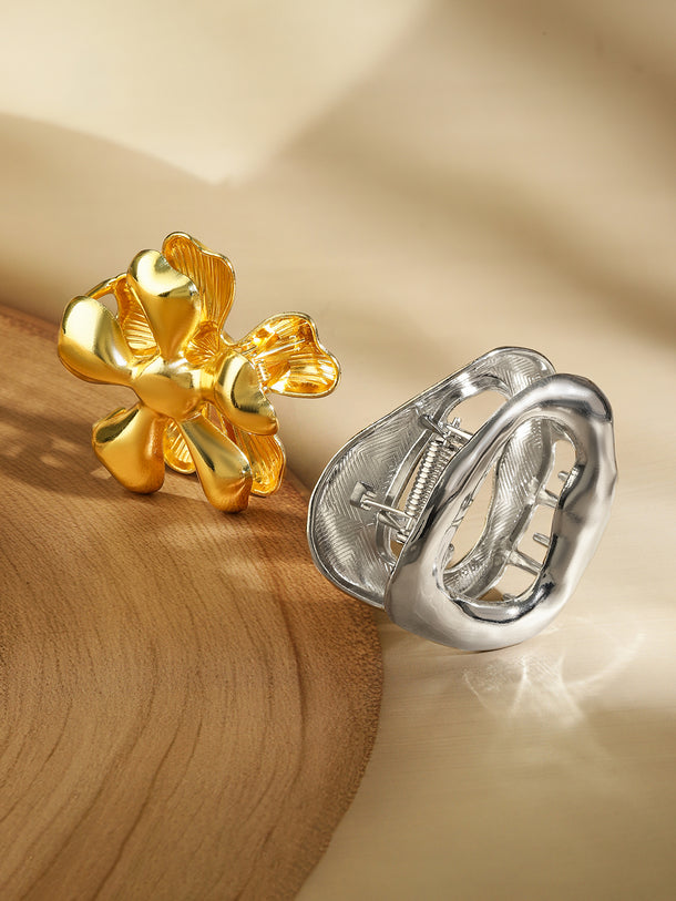 Floral Gold & Abstract Silver Hair Clips