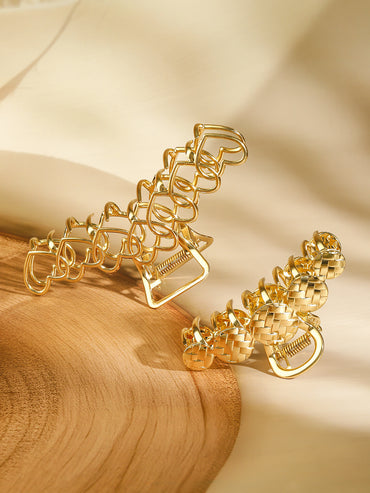 Gold Textured & Heart Motif Hair Clips
