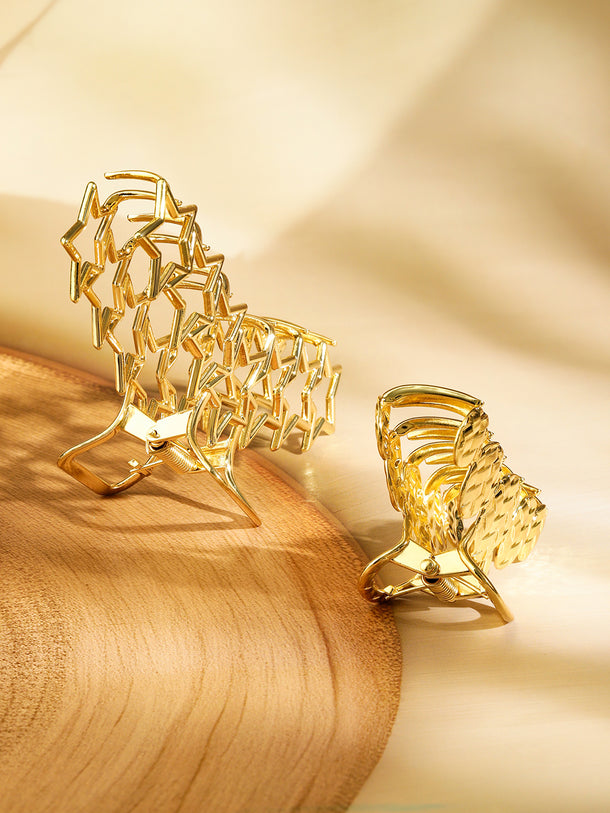 Rubans Set of 2 18K Gold Plated Hair Claw Clip â€“ Star & Braided Statement Hair Accessories