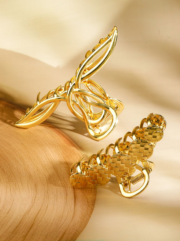 Rubans Set of 2 18K Gold Plated Hair Claw Clip â€“ Leaf & Braided Statement Hair Accessories