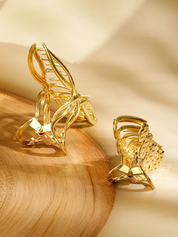 Rubans Set of 2 18K Gold Plated Hair Claw Clip â€“ Leaf & Braided Statement Hair Accessories