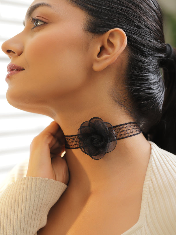 Black Lace Choker with Flower Accent