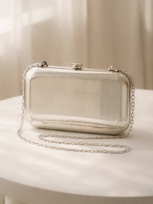 Silver Ribbed Metallic Texture Box Clutch