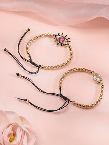 Rubans Set of 2, 18K Gold-Plated Evil Eye & Cowrie Shell Motif Bracelets