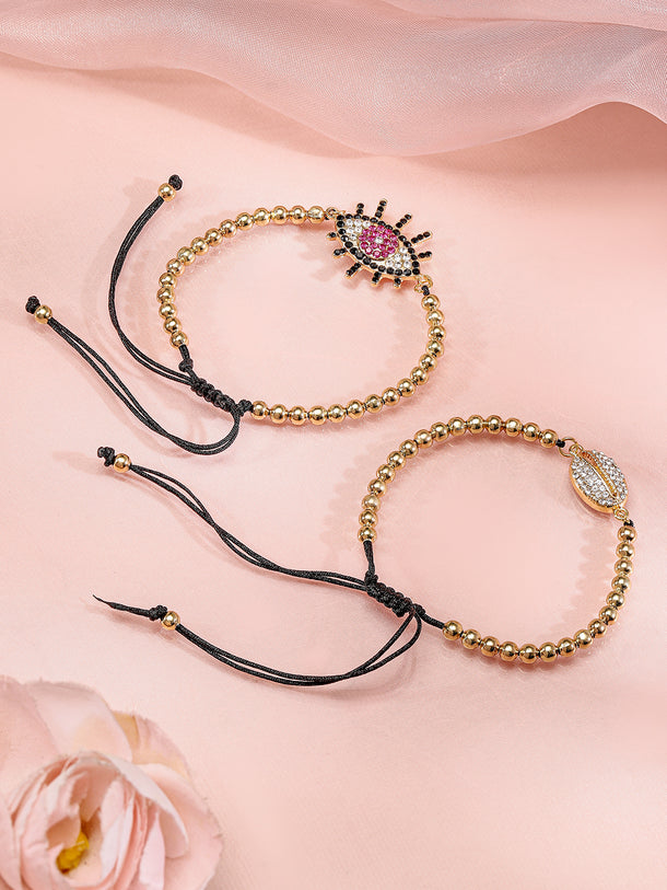 Rubans Set of 2, 18K Gold-Plated Evil Eye & Cowrie Shell Motif Bracelets