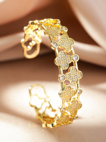 Rubans 22K Gold-Plated Clover Design Demi-Fine Bracelet with White Cubic Zirconia