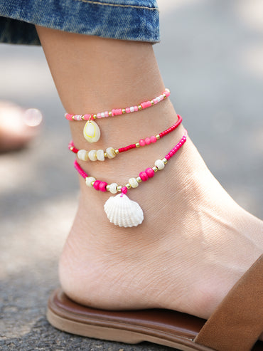 Rubans Set of 3 Adjustable Anklets with Shell Charms & Beads in Light & Dark Pink Tones