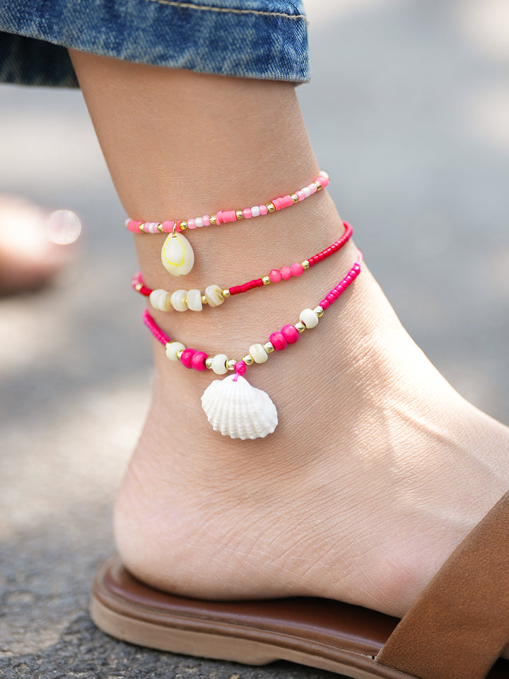 Rubans Set of 3 Adjustable Anklets with Shell Charms & Beads in Light & Dark Pink Tones