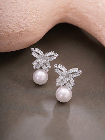 Rhodium Plated Crystal Bow Pearl Drop Earrings