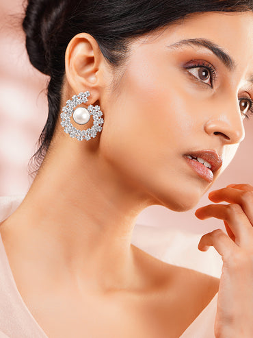 Rhodium Plated Crescent Bloom Pearl Stud Earrings