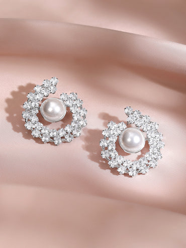 Rhodium Plated Crescent Bloom Pearl Stud Earrings