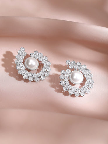 Rhodium Plated Crescent Bloom Pearl Stud Earrings