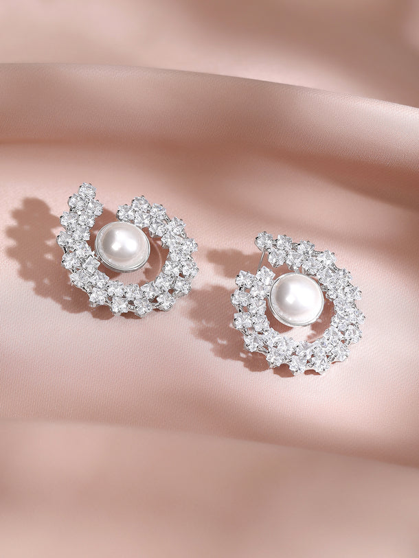 Rhodium Plated Crescent Bloom Pearl Stud Earrings
