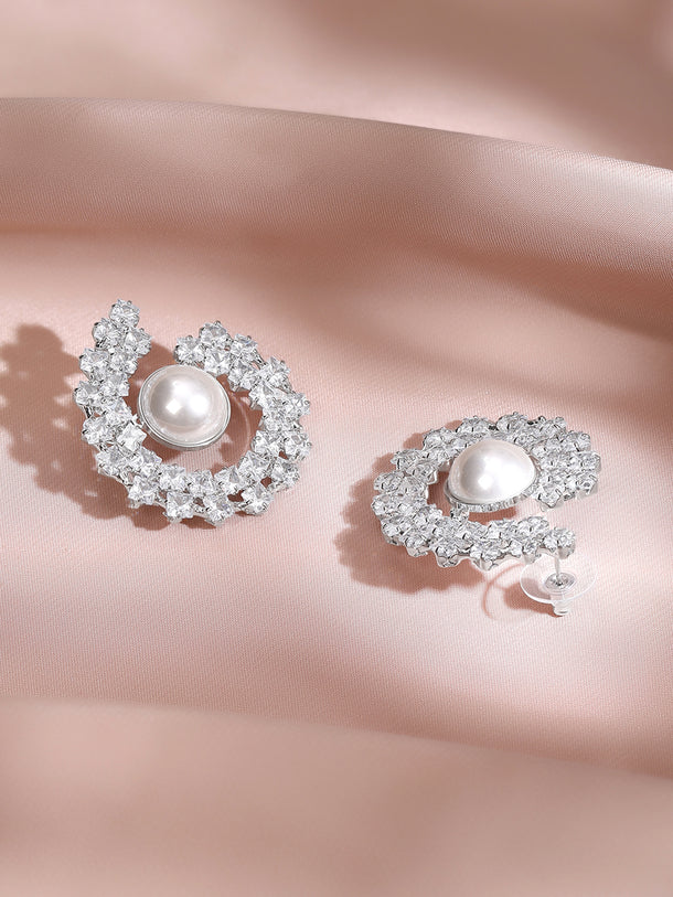 Rhodium Plated Crescent Bloom Pearl Stud Earrings