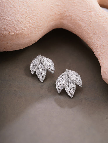 Rhodium Plated Crystal Leaf Cluster Stud Earrings