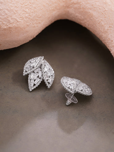 Rhodium Plated Crystal Leaf Cluster Stud Earrings