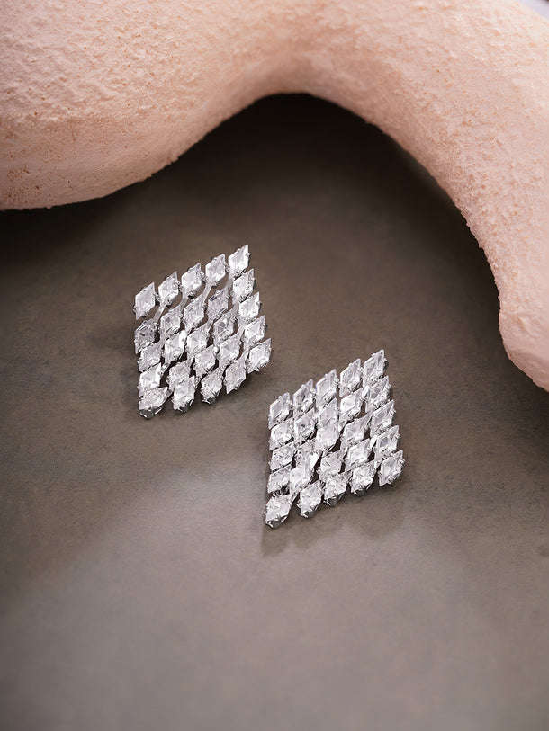 Rhodium Plated Crystal American Diamond Grid Stud Earrings