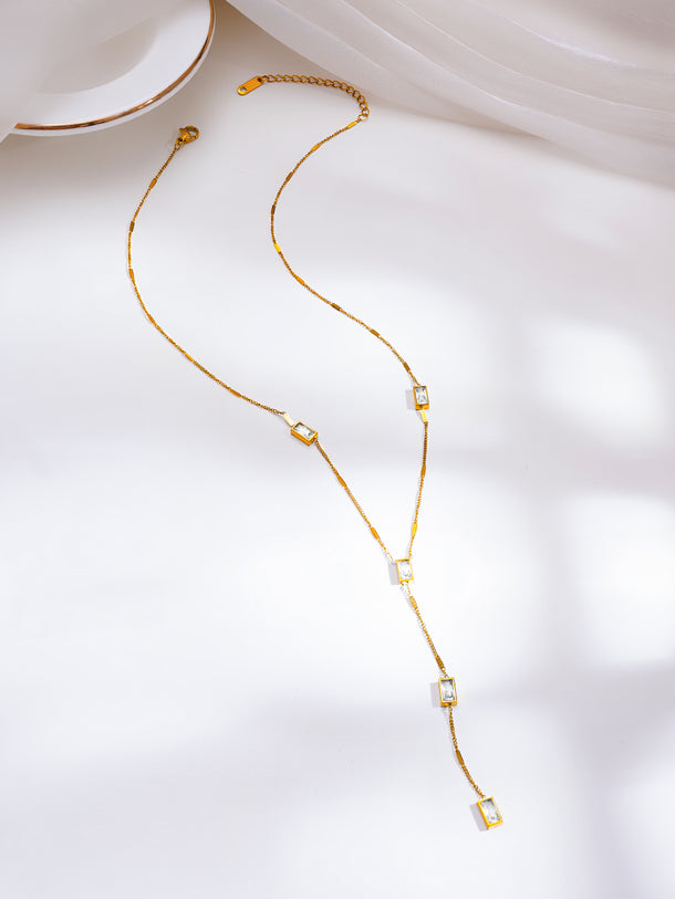 Demifine 18K Gold Plated Stainless Steel Crystal Lariat Drop Necklace