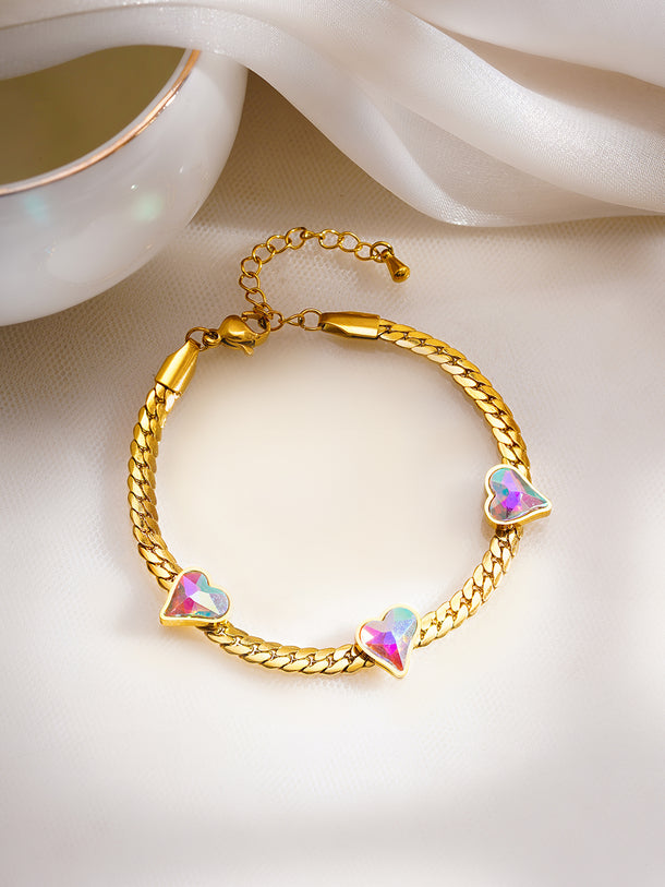 Demifine 18K Gold Plated Stainless Steel Heart Crystal Chain Bracelet