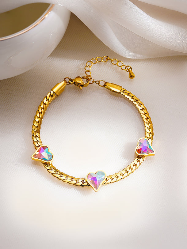 Demifine 18K Gold Plated Stainless Steel Heart Crystal Chain Bracelet