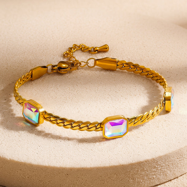 Demifine 18K Gold Plated Stainless Steel Rainbow Crystal Chain Bracelet