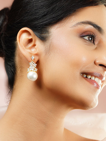 Gold Plated Floral Crystal Pearl Drop Earrings