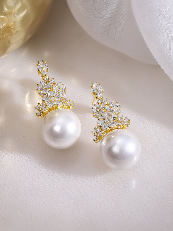 Gold Plated Floral Crystal Pearl Drop Earrings
