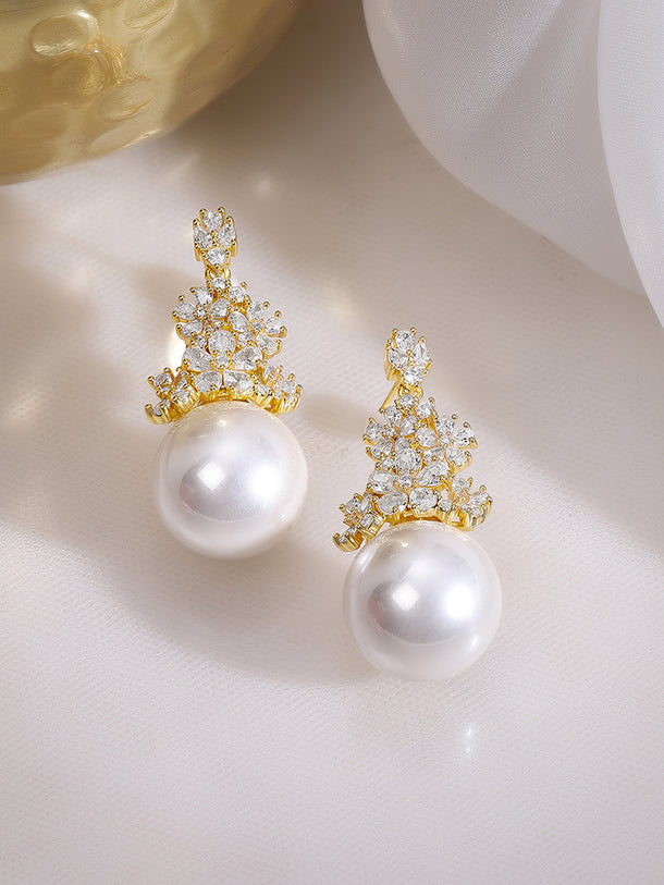 Gold Plated Floral Crystal Pearl Drop Earrings