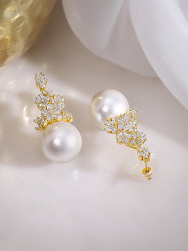 Gold Plated Floral Crystal Pearl Drop Earrings