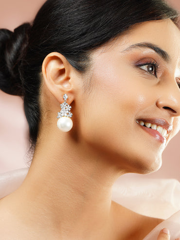 Rhodium Plated Floral Crystal Pearl Drop Earrings