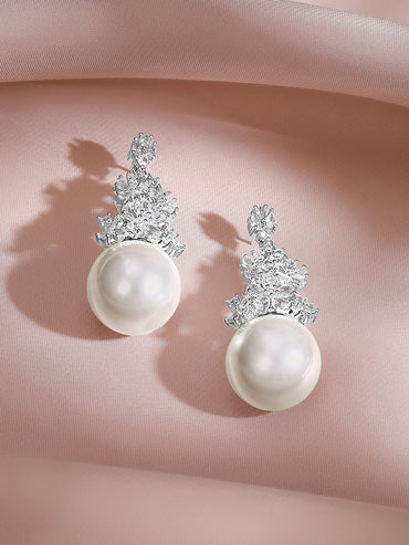 Rhodium Plated Floral Crystal Pearl Drop Earrings