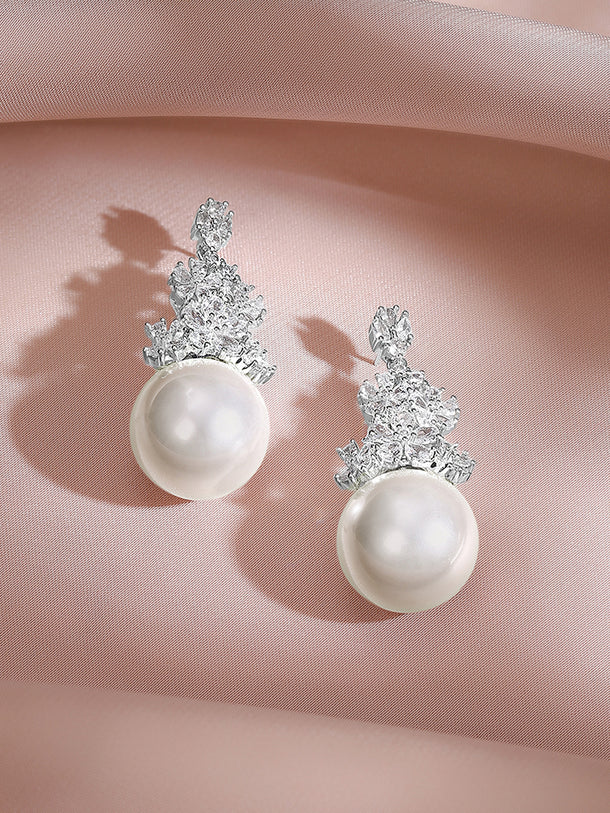 Rhodium Plated Floral Crystal Pearl Drop Earrings