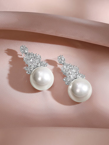 Rhodium Plated Floral Crystal Pearl Drop Earrings