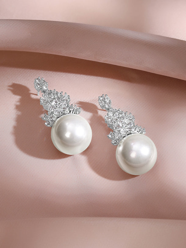 Rhodium Plated Floral Crystal Pearl Drop Earrings