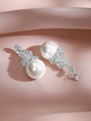 Rhodium Plated Floral Crystal Pearl Drop Earrings